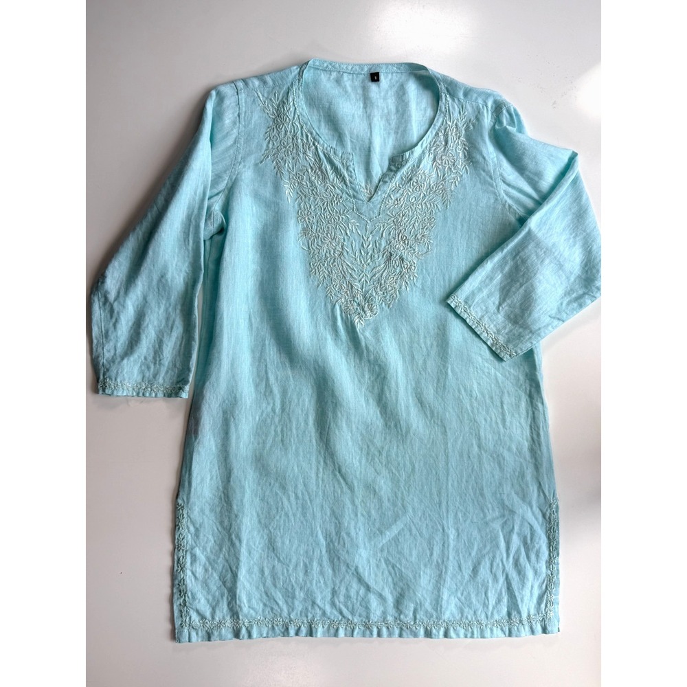 Maharajas Embroidered Pure Linen Tunic Top Womens 1/Small Blue Bohemian Mumbai